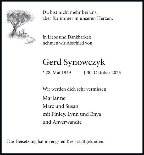 Traueranzeige von Gerd Synowczyk von Tageszeitung