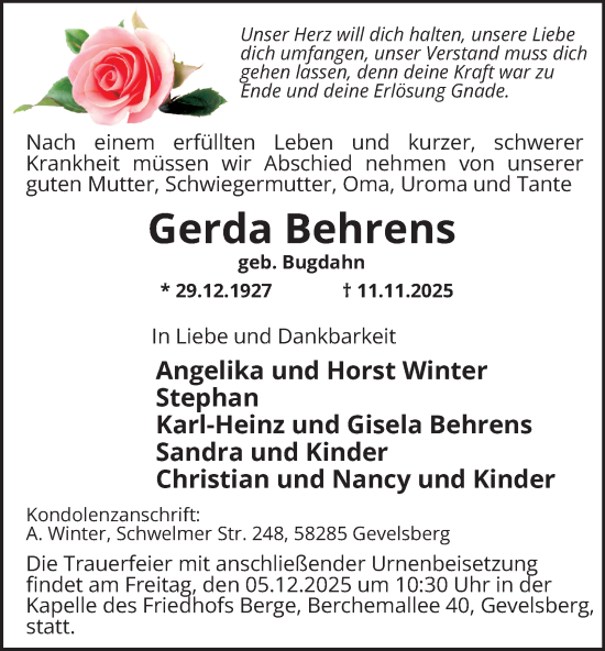 Traueranzeige von Gerda Behrens von Tageszeitung