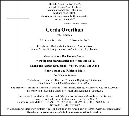 Traueranzeige von Gerda Overthun von Tageszeitung