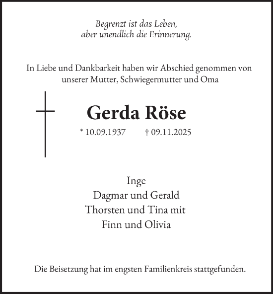 Traueranzeige von Gerda Röse von Tageszeitung
