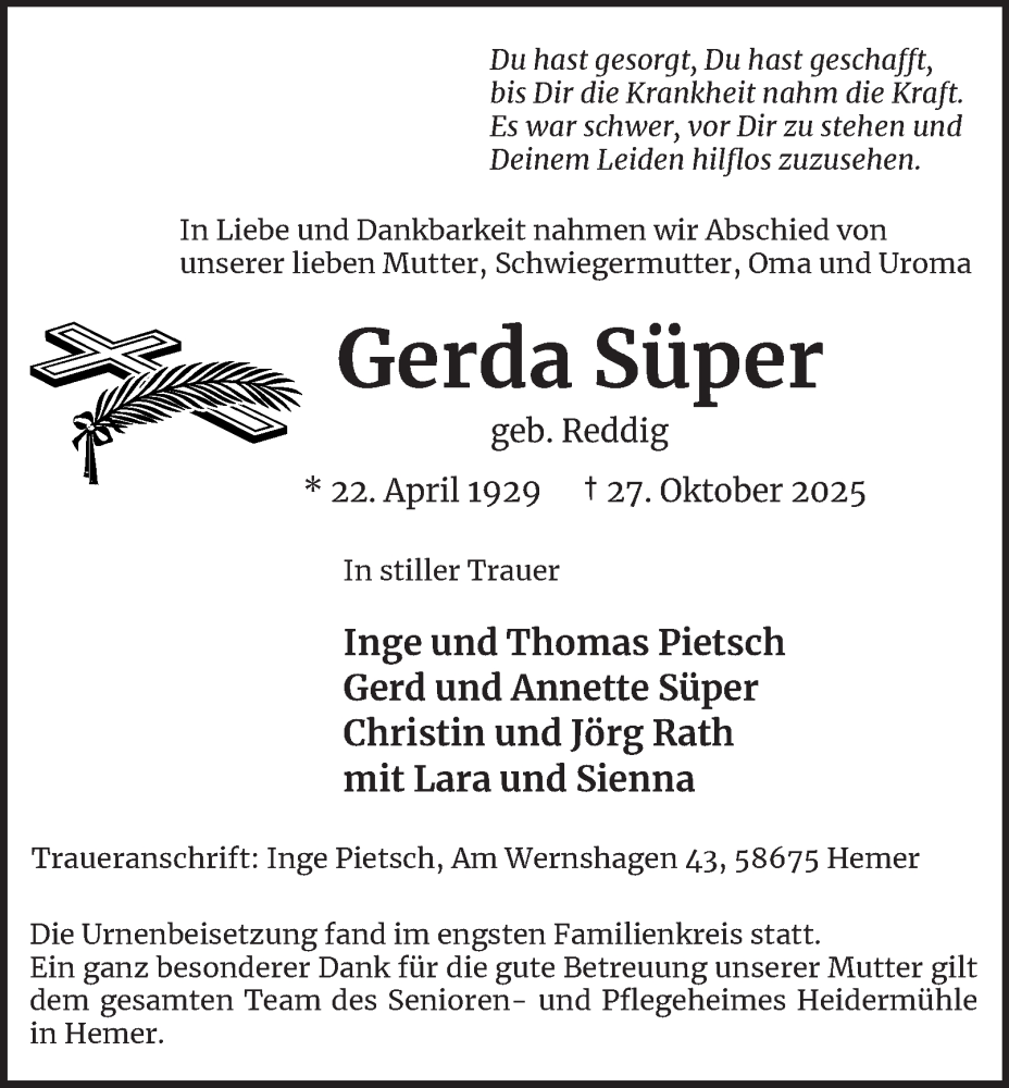  Traueranzeige für Gerda Süper vom 22.11.2025 aus Tageszeitung