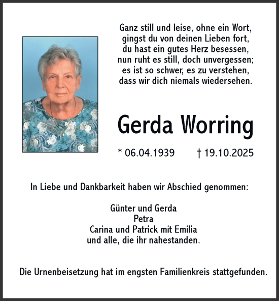 Traueranzeige von Gerda Worring von Tageszeitung