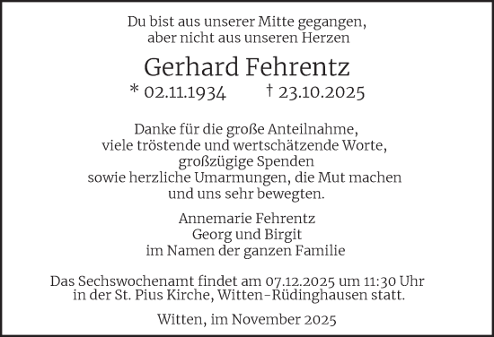 Traueranzeige von Gerhard Fehrentz von Tageszeitung