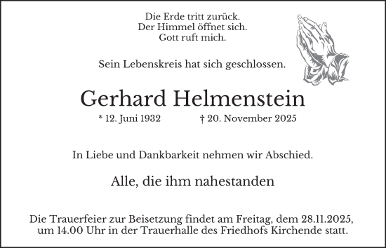 Traueranzeige von Gerhard Helmenstein von Tageszeitung