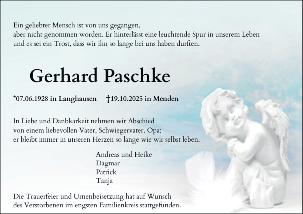  Traueranzeige für Gerhard Paschke vom 08.11.2025 aus Tageszeitung