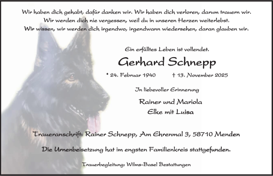 Traueranzeige von Gerhard Schnepp von Tageszeitung