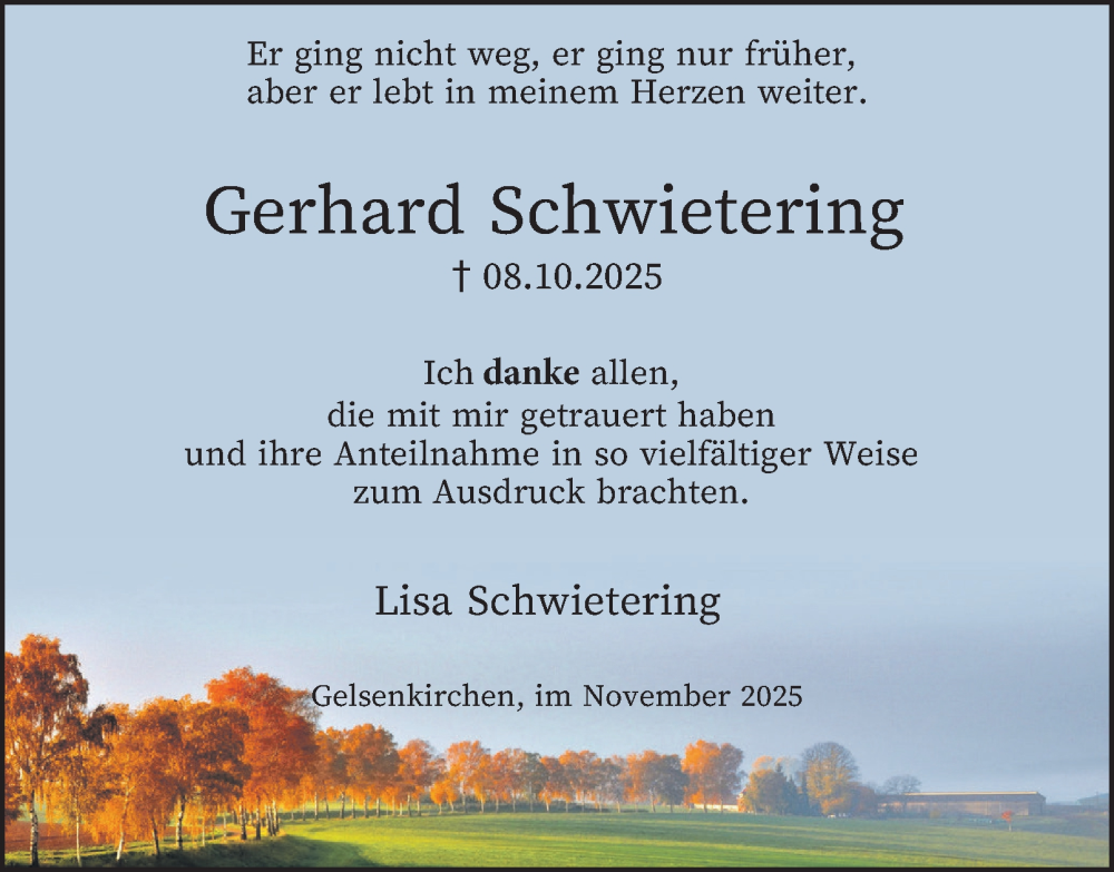  Traueranzeige für Gerhard Schwietering vom 08.11.2025 aus Tageszeitung