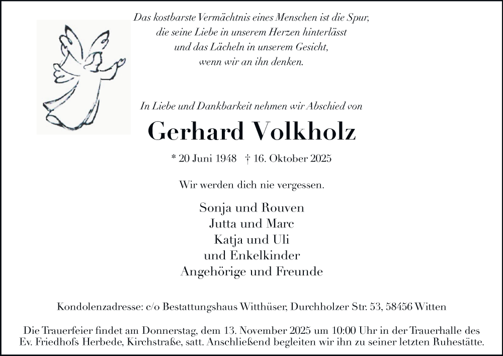  Traueranzeige für Gerhard Volkholz vom 08.11.2025 aus Tageszeitung