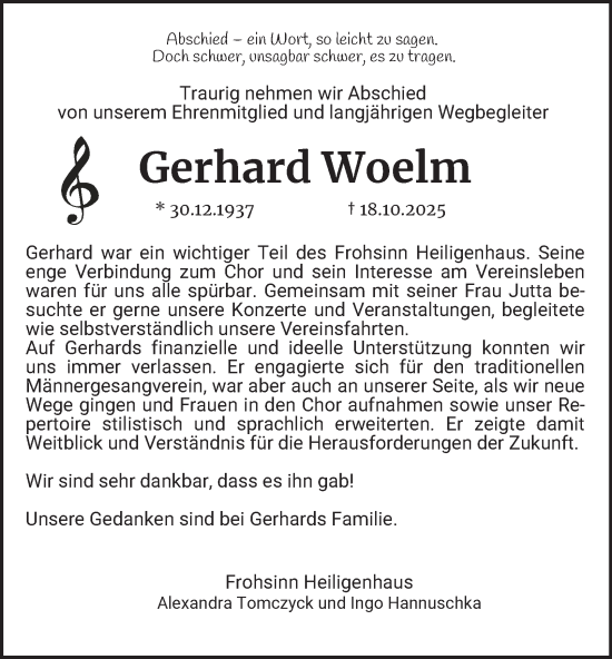 Traueranzeige von Gerhard Woelm von Tageszeitung