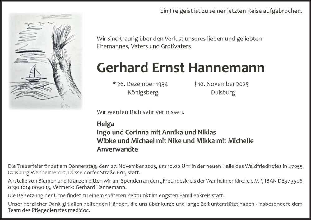  Traueranzeige für Gerhard Ernst Hannemann vom 22.11.2025 aus Tageszeitung