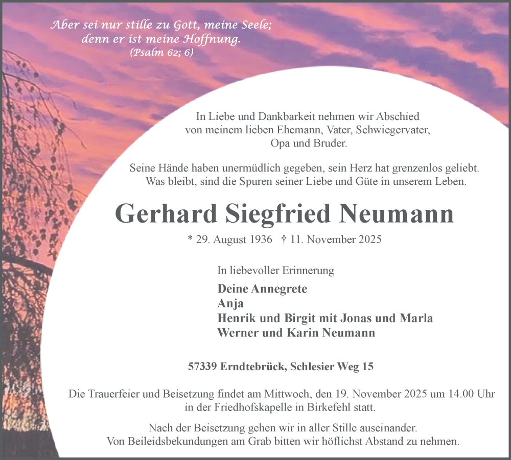  Traueranzeige für Gerhard Siegfried Neumann vom 15.11.2025 aus Tageszeitung