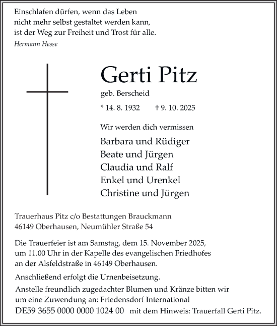 Traueranzeige von Gerti Pitz von Tageszeitung