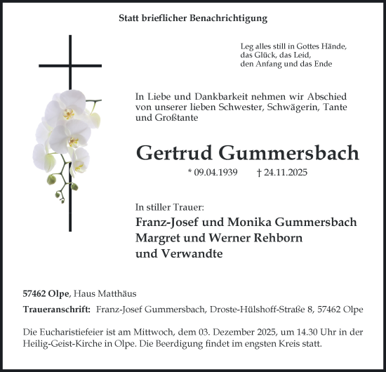 Traueranzeige von Gertrud Gummersbach von Tageszeitung