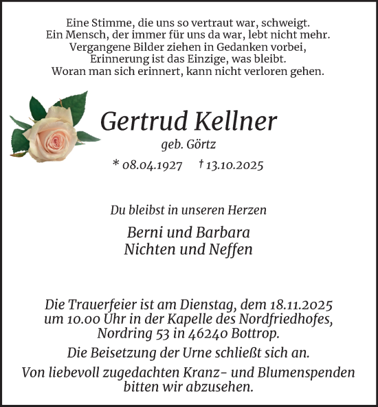 Traueranzeige von Gertrud Kellner von Tageszeitung