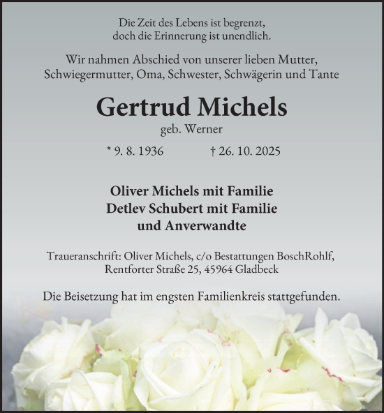 Traueranzeige von Gertrud Michels von Tageszeitung