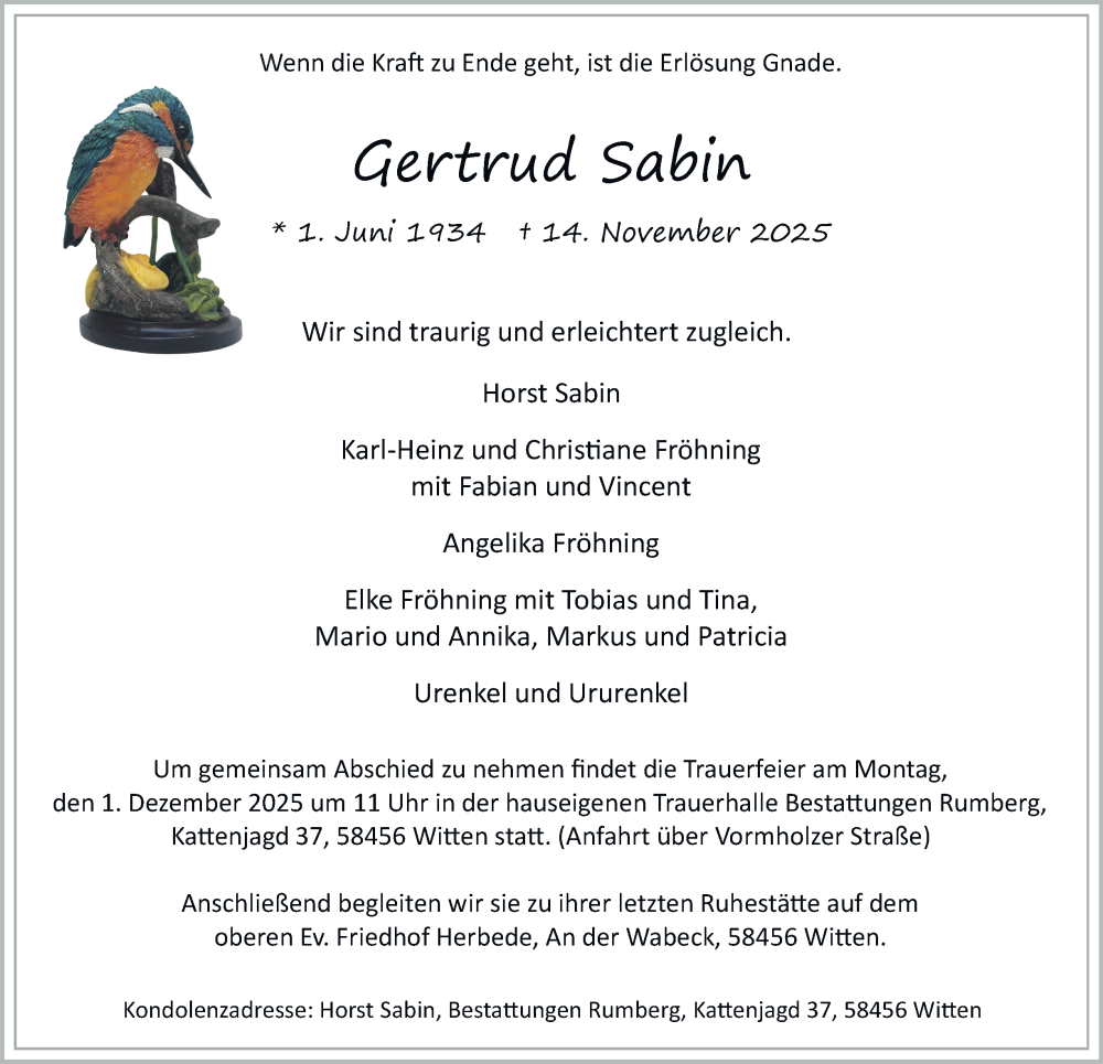  Traueranzeige für Gertrud Sabin vom 22.11.2025 aus Tageszeitung