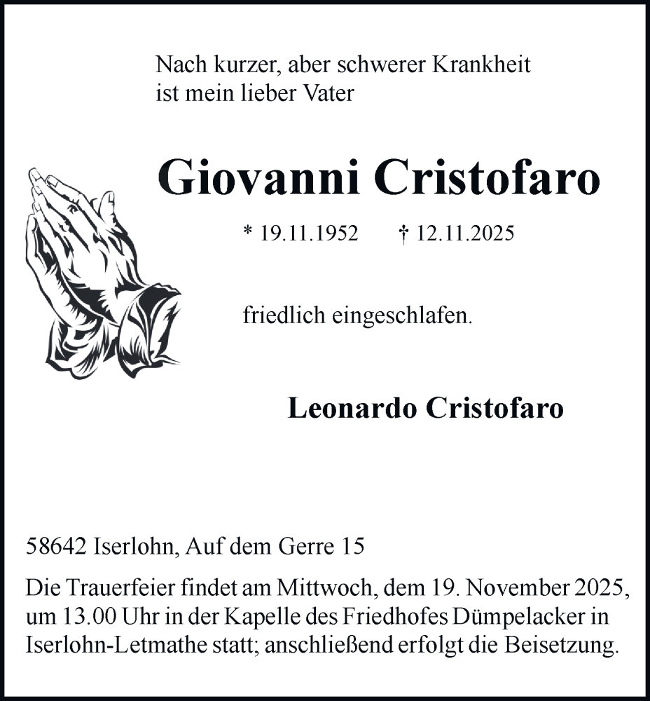  Traueranzeige für Giovanni Cristofaro vom 15.11.2025 aus Tageszeitung