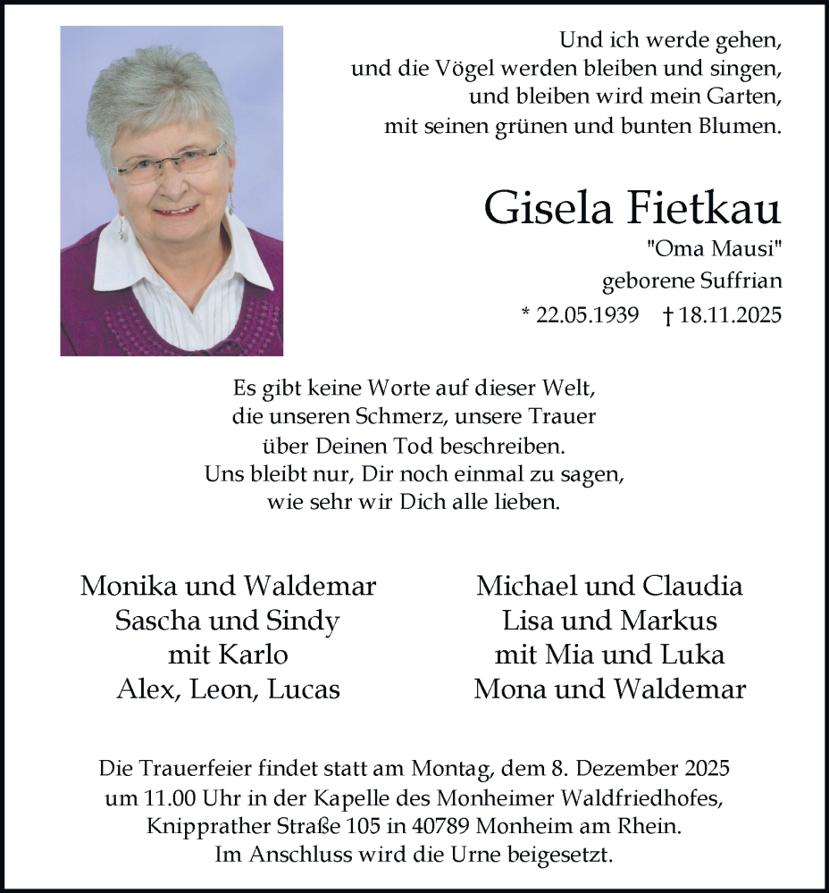  Traueranzeige für Gisela Fietkau vom 29.11.2025 aus Tageszeitung