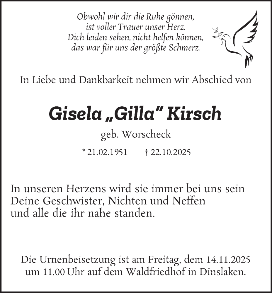  Traueranzeige für Gisela Kirsch vom 08.11.2025 aus Tageszeitung