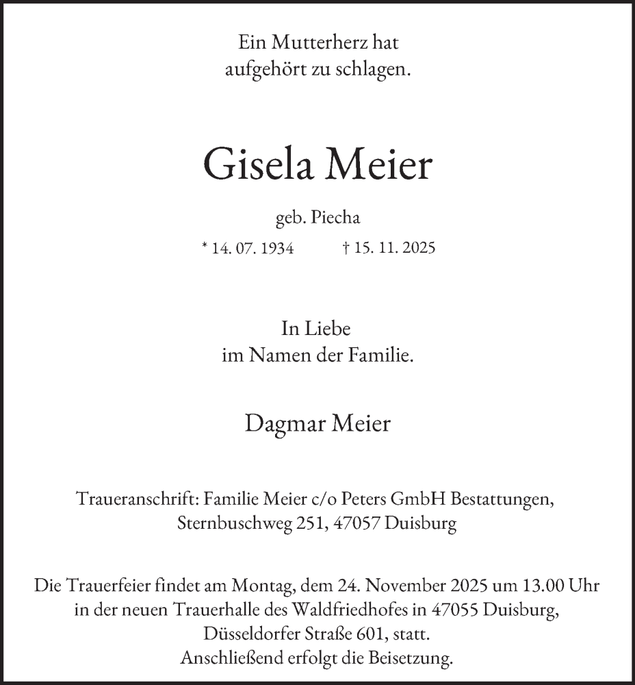  Traueranzeige für Gisela Meier vom 22.11.2025 aus Tageszeitung