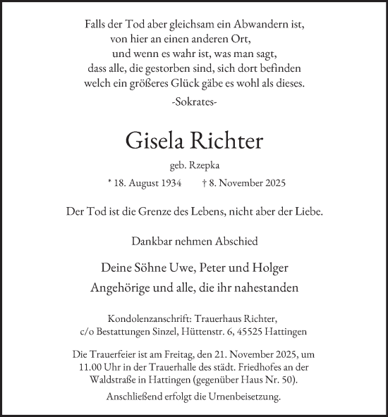 Traueranzeige von Gisela Richter von Tageszeitung
