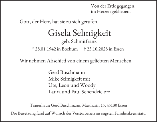 Traueranzeige von Gisela Selmigkeit von Tageszeitung