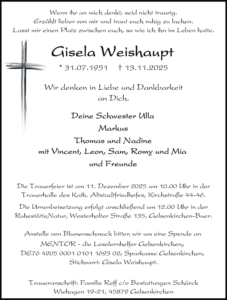  Traueranzeige für Gisela Weishaupt vom 29.11.2025 aus Tageszeitung