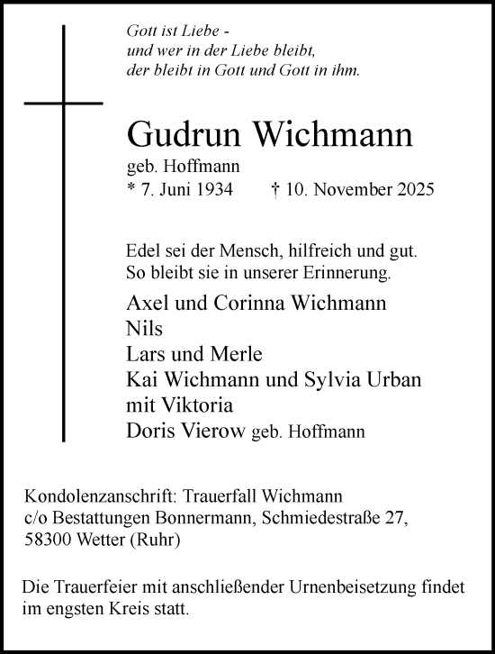 Traueranzeige von Gudrun Wichmann von Tageszeitung