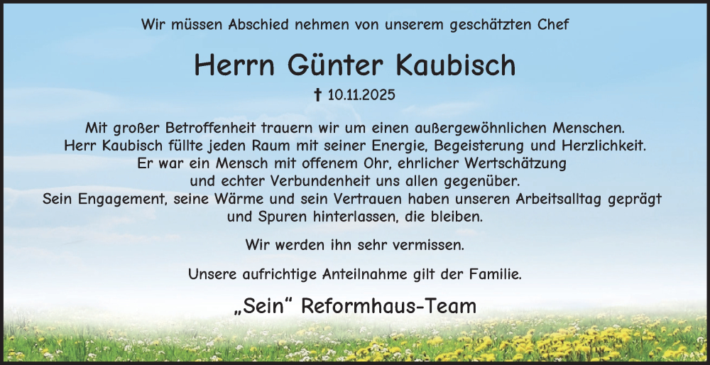  Traueranzeige für Günter Kaubisch vom 19.11.2025 aus Tageszeitung