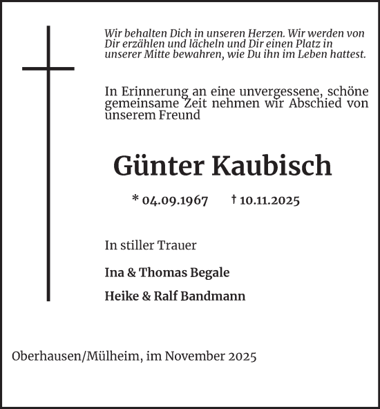 Traueranzeige von Günter Kaubisch von Tageszeitung