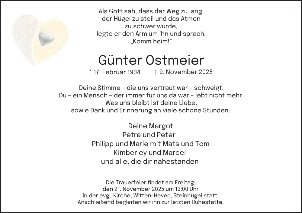  Traueranzeige für Günter Ostmeier vom 15.11.2025 aus Tageszeitung
