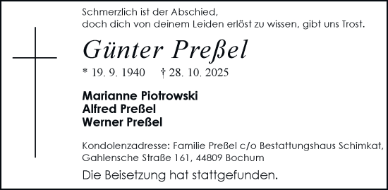 Traueranzeige von Günter Preßel von Tageszeitung