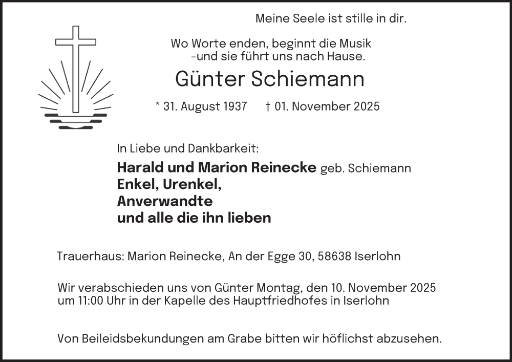  Traueranzeige für Günter Schiemann vom 08.11.2025 aus Tageszeitung