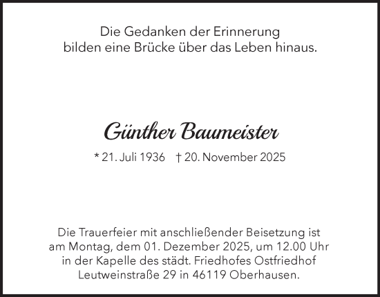 Traueranzeige von Günther Baumeister von Tageszeitung