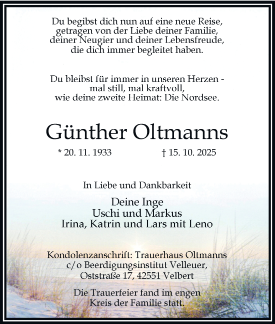 Traueranzeige von Günther Oltmanns von Tageszeitung