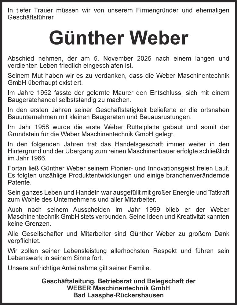  Traueranzeige für Günther Weber vom 13.11.2025 aus Tageszeitung