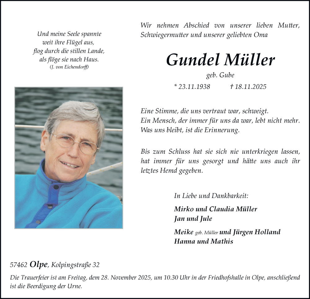  Traueranzeige für Gundel Müller vom 22.11.2025 aus Tageszeitung