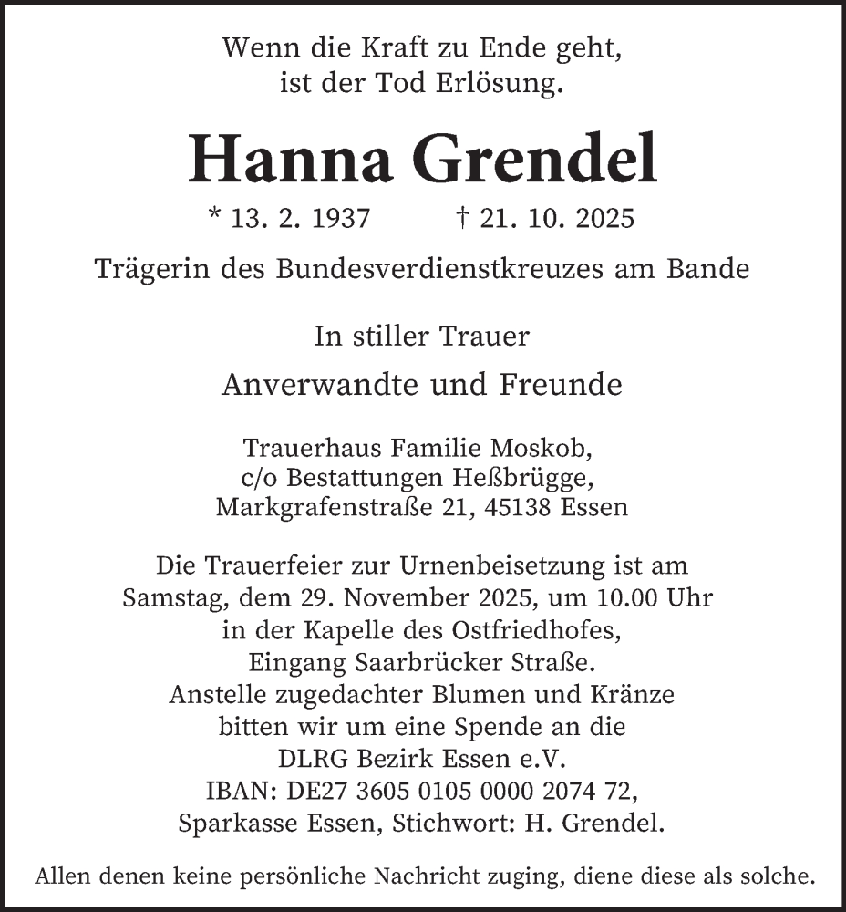  Traueranzeige für Hanna Grendel vom 15.11.2025 aus Tageszeitung