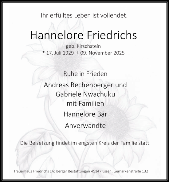 Traueranzeige von Hannelore Friedrichs von Tageszeitung