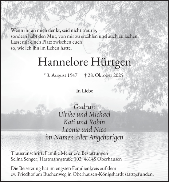 Traueranzeige von Hannelore Hürtgen von Tageszeitung