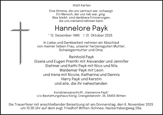 Traueranzeige von Hannelore Payk von Tageszeitung