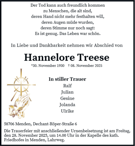 Traueranzeige von Hannelore Treese von Tageszeitung