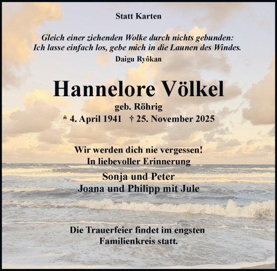 Traueranzeige von Hannelore Völkel von Tageszeitung