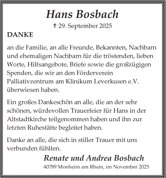 Traueranzeige von Hans Bosbach von Tageszeitung
