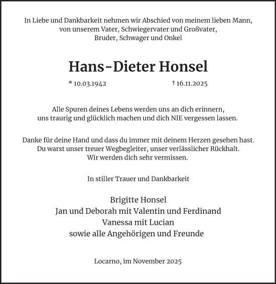 Traueranzeige von Hans-Dieter Honsel von Tageszeitung