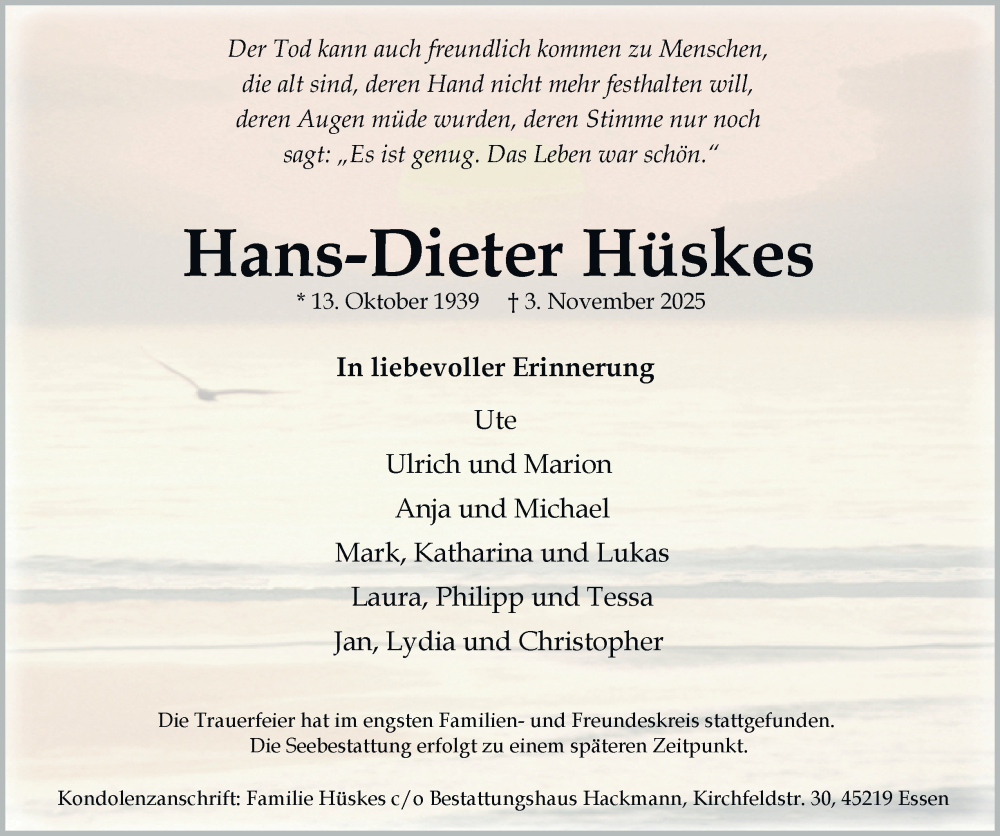  Traueranzeige für Hans-Dieter Hüskes vom 22.11.2025 aus Tageszeitung