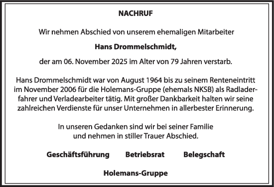 Traueranzeige von Hans Drommelschmidt von Tageszeitung