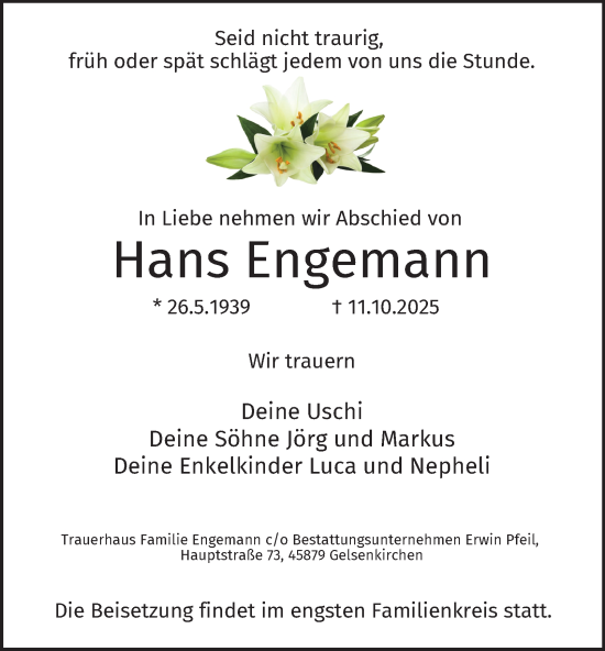 Traueranzeige von Hans Engemann von Tageszeitung