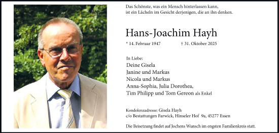 Traueranzeige von Hans-Joachim Hayh von Tageszeitung