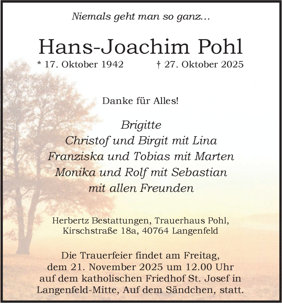  Traueranzeige für Hans-Joachim Pohl vom 15.11.2025 aus Tageszeitung